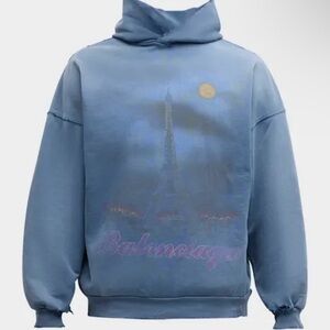 Balenciaga Blue Hoodie with Eiffel Tower and Pink Accents